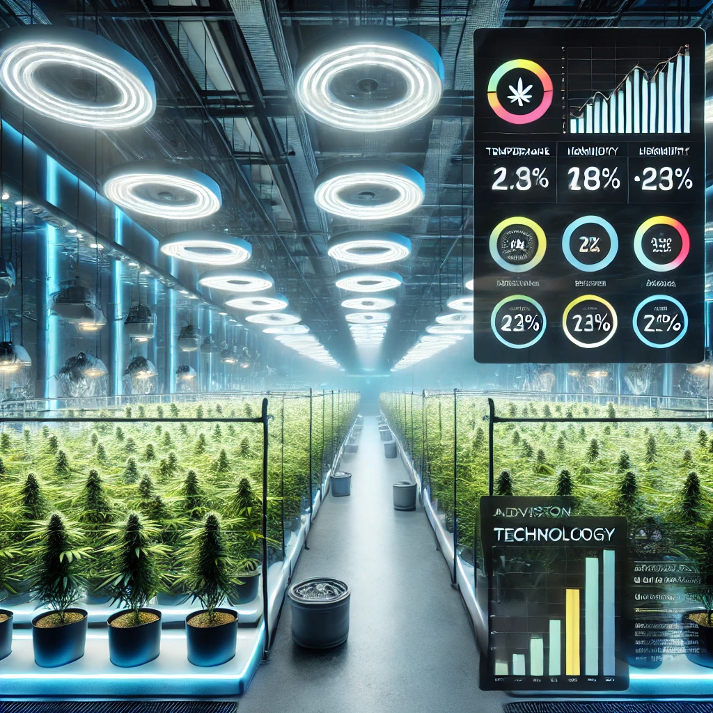 DALL·E 2024 10 17 17.17.30 A modern cannabis cultivation facility featuring advanced technology from AROYA. The image shows a futuristic indoor farm with rows of cannabis plant