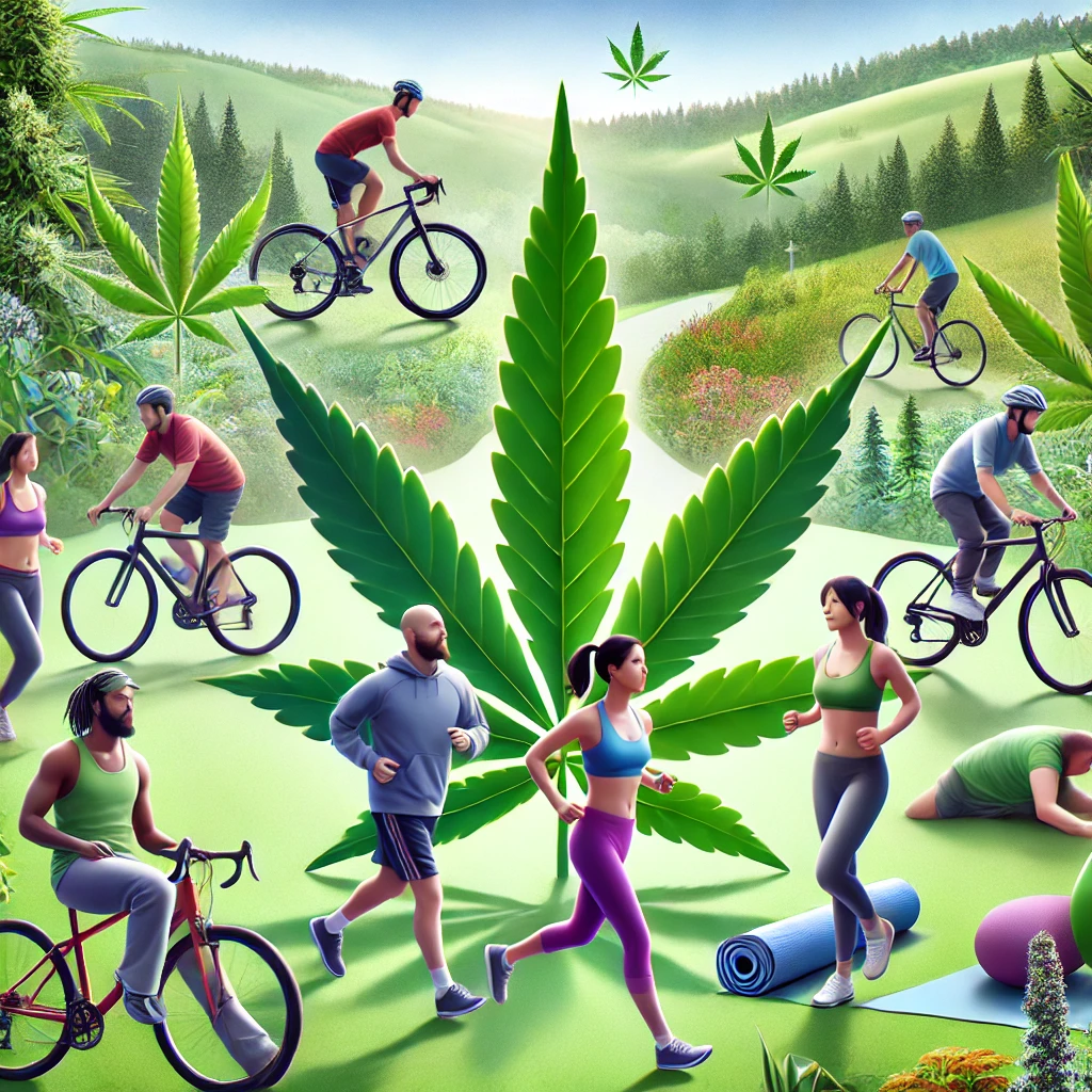 DALL·E 2024 10 17 17.33.48 A vibrant scene illustrating the correlation between cannabis use and lower obesity rates. Show a diverse group of people engaging in healthy lifestyl