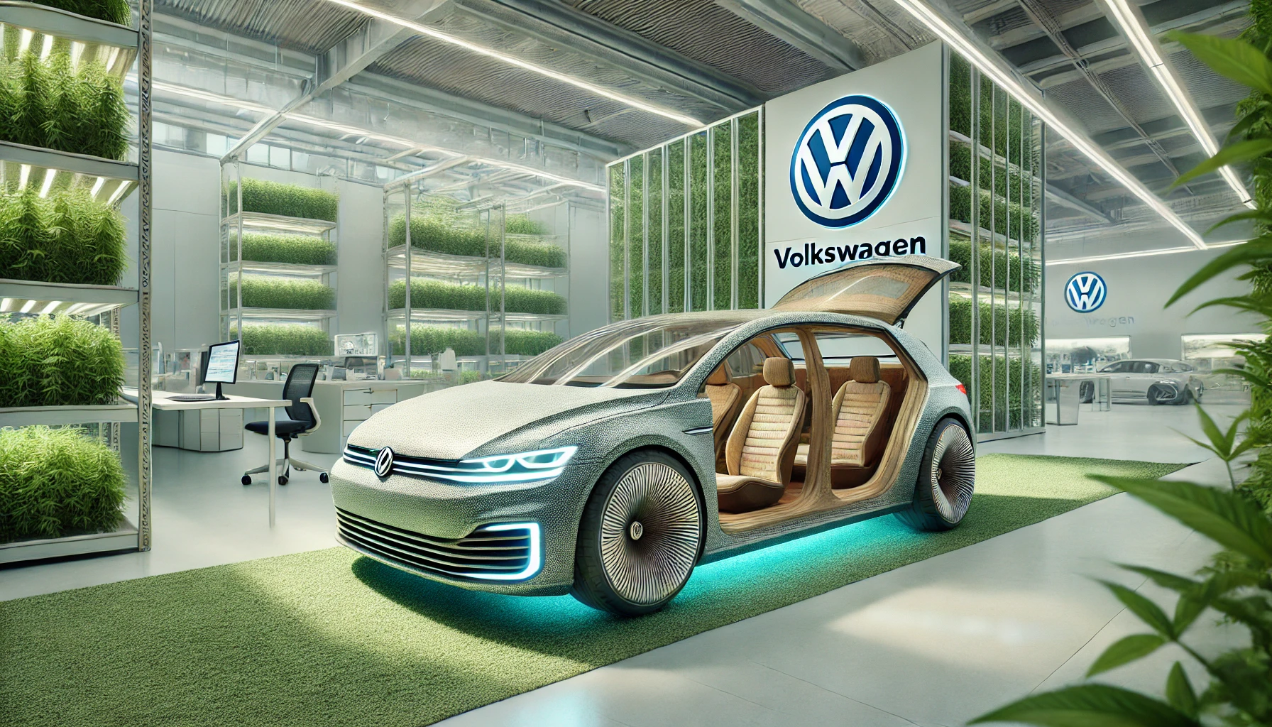 DALL·E 2024 10 17 17.48.36 A futuristic Volkswagen car designed using hemp materials. The car features sleek lines and a sustainable interior made from hemp fibers with visible