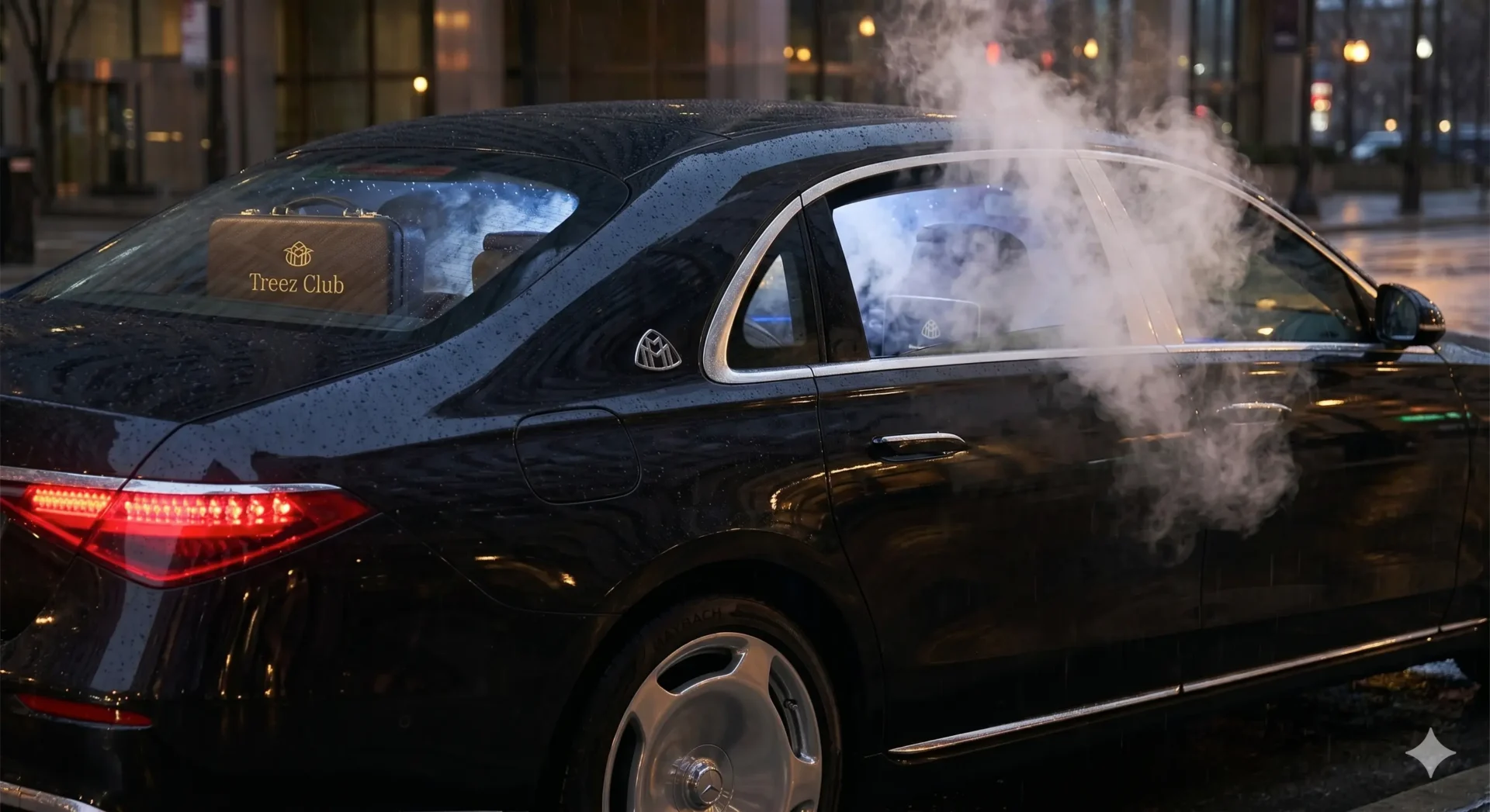 Die Heckansicht einer luxuriösen, dunkel glänzenden Limousine, die nachts auf einer regennassen Stadtstraße parkt. Dichter weißer Rauch (Dampf) quillt dramatisch aus dem offenen hinteren Fenster auf der Beifahrerseite und hüllt das Fahrzeug ein.