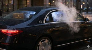 Die Heckansicht einer luxuriösen, dunkel glänzenden Limousine, die nachts auf einer regennassen Stadtstraße parkt. Dichter weißer Rauch (Dampf) quillt dramatisch aus dem offenen hinteren Fenster auf der Beifahrerseite und hüllt das Fahrzeug ein.