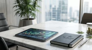 Modernes Tablet mit Finanz-Charts und dezentem Cannabis-Branding auf einem Marmortisch.