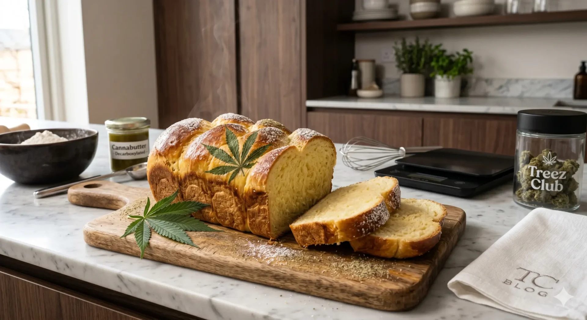 Frisch gebackenes, goldbraunes plaited Cannabis Brioche auf einem rustikalen Holzbrett mit Hanfblättern, umgeben von Knetzubehör und Zutaten.