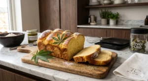 Frisch gebackenes, goldbraunes plaited Cannabis Brioche auf einem rustikalen Holzbrett mit Hanfblättern, umgeben von Knetzubehör und Zutaten.