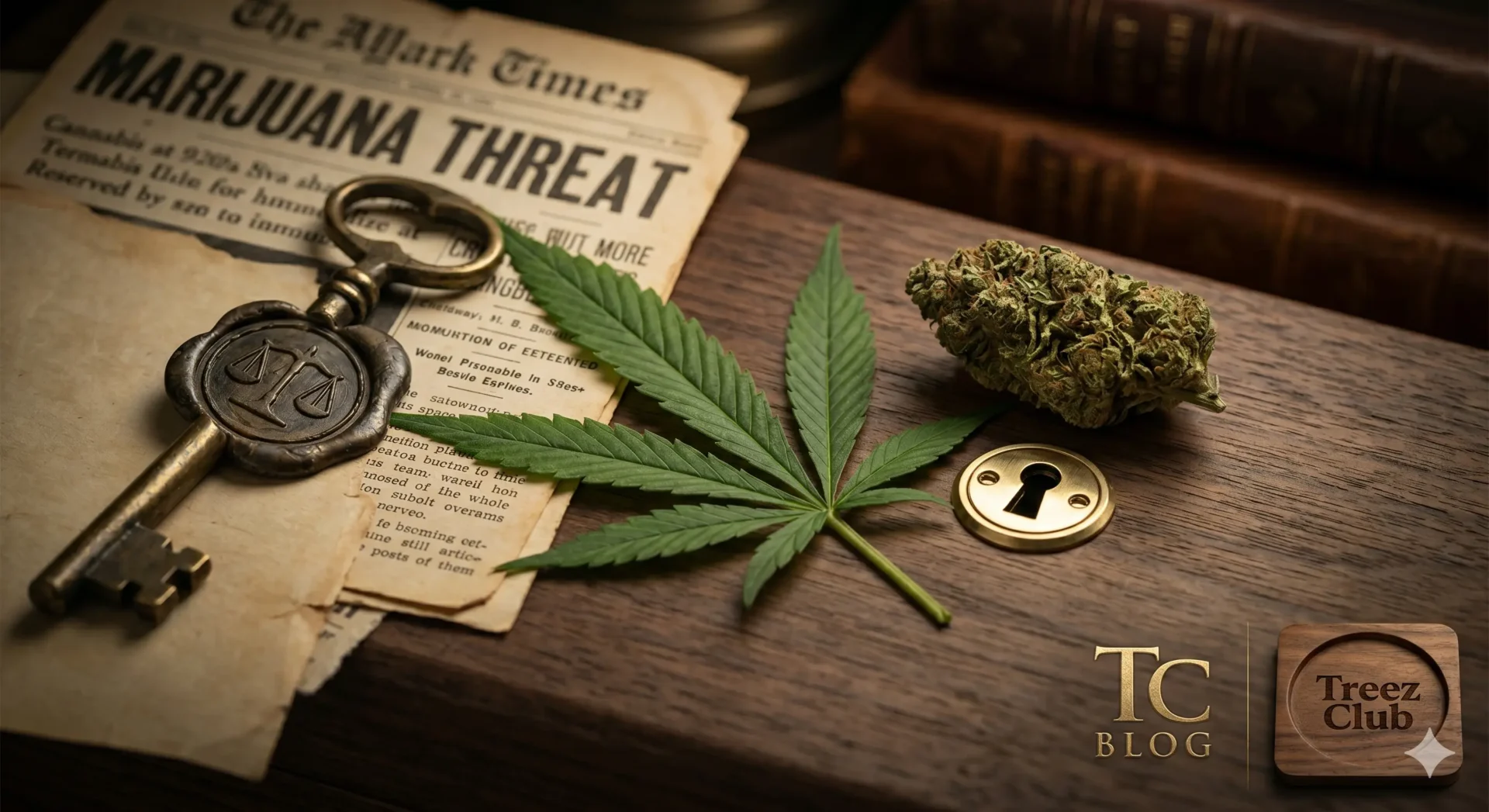 Historische Dokumente der Cannabis Prohibition, ein antiker Schlüssel und frische Hanfblätter auf dunklem Walnussholz, im Premium-Stil für Treez Club.