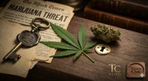 Historische Dokumente der Cannabis Prohibition, ein antiker Schlüssel und frische Hanfblätter auf dunklem Walnussholz, im Premium-Stil für Treez Club.