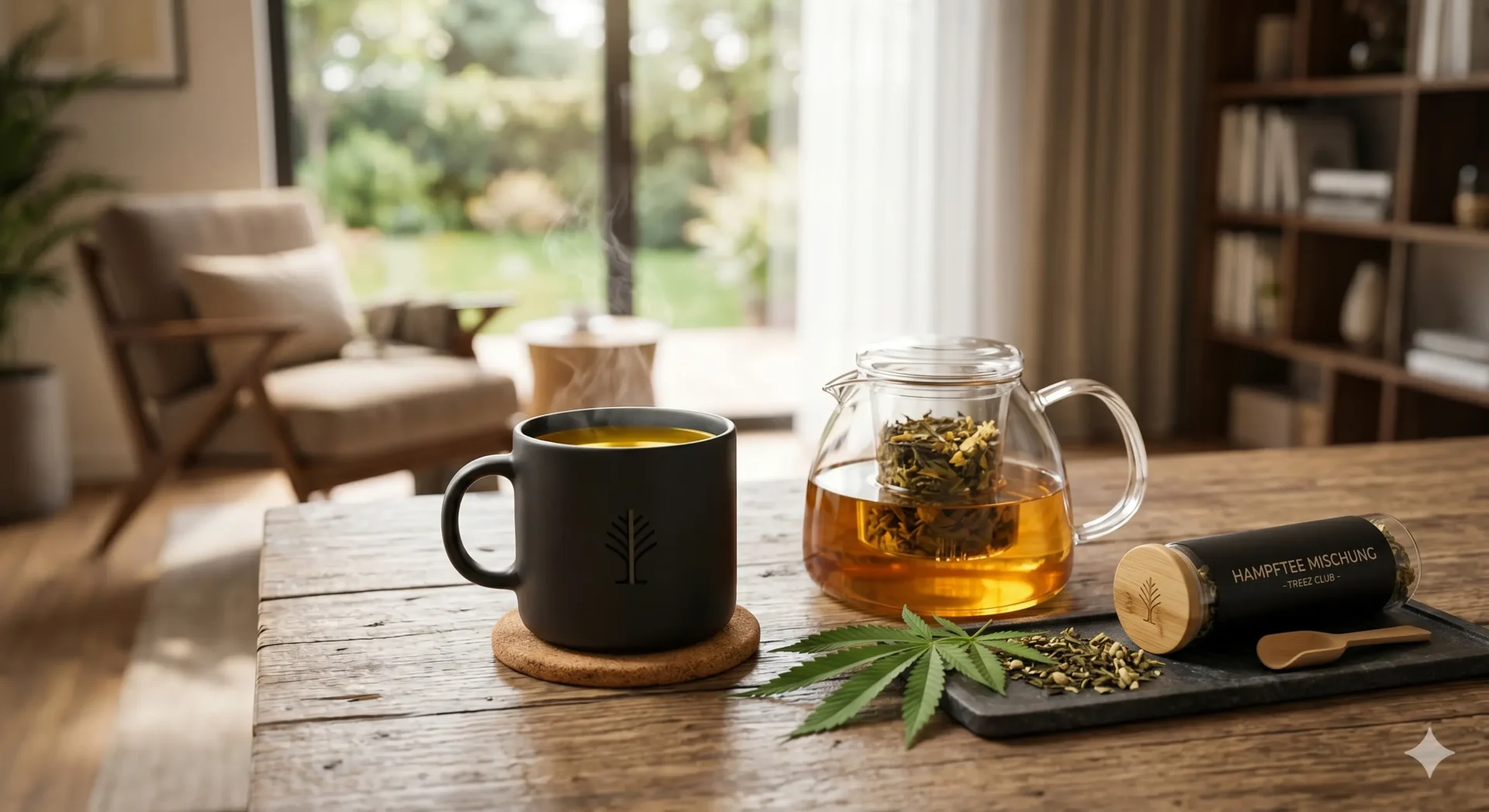 Tasse Hanftee mit Hanfblättern auf Holztisch (Fokus auf Heilmittel-Charakter)