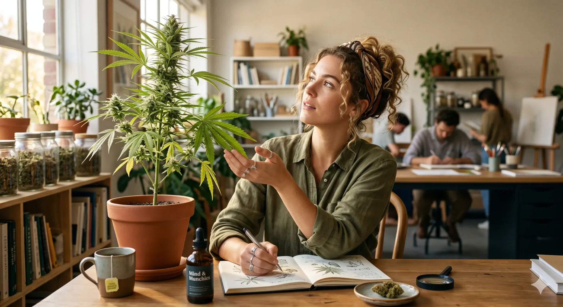 Sie hält eine filigrane Sativa-Pflanze in einem edlen Topf, während das Sonnenlicht durch die Fenster fällt.