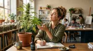 Sie hält eine filigrane Sativa-Pflanze in einem edlen Topf, während das Sonnenlicht durch die Fenster fällt.