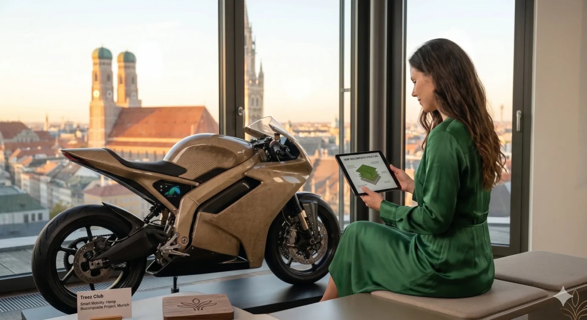 Die bekannte Frau mit den dunkelbraunen Haaren aus der Vorlage steht in einem stylischen Loft in München neben einem futuristischen E-Motorrad, dessen Verkleidung eine sichtbare Hanffaser-Textur hat