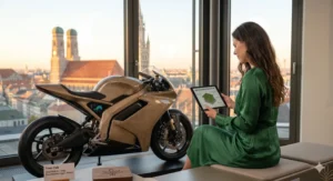 Die bekannte Frau mit den dunkelbraunen Haaren aus der Vorlage steht in einem stylischen Loft in München neben einem futuristischen E-Motorrad, dessen Verkleidung eine sichtbare Hanffaser-Textur hat