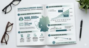 Infografik zum deutschen Medizinalcannabis-Markt 2026. Ein Liniendiagramm zeigt das prognostizierte Wachstum der Cannabis-Patientenzahlen auf über 1 Million bis 2026, getrieben von Privatrezepten nach Wegfall des BtM-Status 2024.