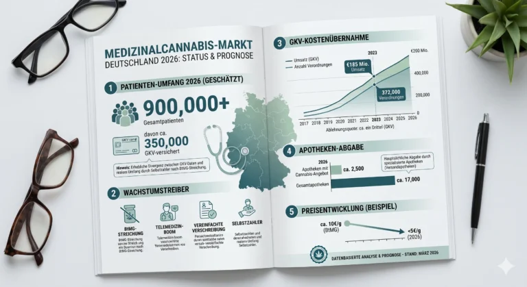 Infografik zum deutschen Medizinalcannabis-Markt 2026. Ein Liniendiagramm zeigt das prognostizierte Wachstum der Cannabis-Patientenzahlen auf über 1 Million bis 2026, getrieben von Privatrezepten nach Wegfall des BtM-Status 2024.