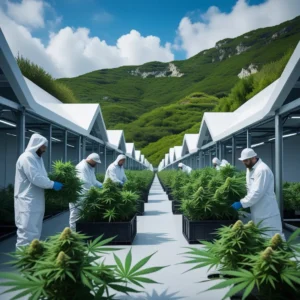 Eine moderne Cannabis-Plantage in Portugal mit Gewächshäusern