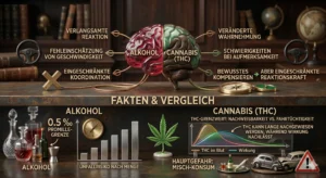 Eine geteilte Infografik, die die Auswirkungen und Fakten von Alkohol versus Cannabis (THC) auf die Biologie des Menschen und die Verkehrssicherheit vergleicht. Die obere Hälfte zeigt ein Gehirn, das in zwei unterschiedliche Hemisphären unterteilt ist (links rot für Alkohol, rechts grün/braun für Cannabis). Die untere Hälfte zeigt ein detailliertes Vergleichsdiagramm mit Daten.