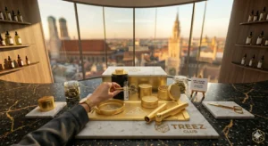 Das modulare Treez Club Gold-Zubehörset inklusive Tray, Grinder und Joint-Tubes auf einem Marmortisch in einer luxuriösen Münchener Lounge mit Blick auf die Frauenkirche.