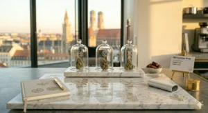 Drei verschiedene Cannabis-Sorten unter Glascloches auf einem Marmorbrett mit laser-gravierten chemischen Formeln (THCa, CBDa, CBGa) und einem Forschungs-Journal in einer Luxusküche mit Blick auf München.