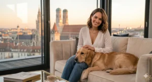 Eine attraktive Frau mit langen, dunkelbraunen Haaren sitzt entspannt auf einem hellen Sofa in ihrem Münchener Penthouse; sie streichelt liebevoll einen gesunden Hund, während im Hintergrund ein elegantes, geschlossenes Treez Club Aufbewahrungsglas außer Reichweite steht.
