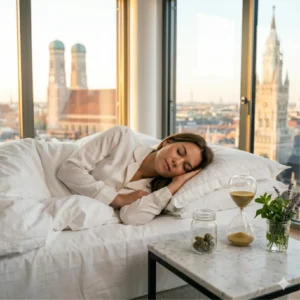 Eine attraktive Frau im weißen Shirt schläft friedlich in einem luxuriösen, hellen Schlafzimmer in München, während das goldene Licht des Morgens durch das Fenster fällt.