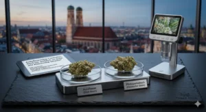 Makro-Aufnahme einer potenten Autoflowering Cannabis-Pflanze mit glitzernden Trichomen in einem modernen Indoor-Grow-Setup; im Hintergrund ein edles Treez Club Branding.