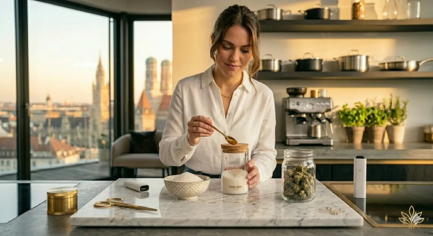 Eine Frau steht in einer lichtdurchfluteten Penthouse-Küche in München und füllt glitzernden Cannabis-Zucker mit einem goldenen Löffel in ein elegantes Vorratsglas.