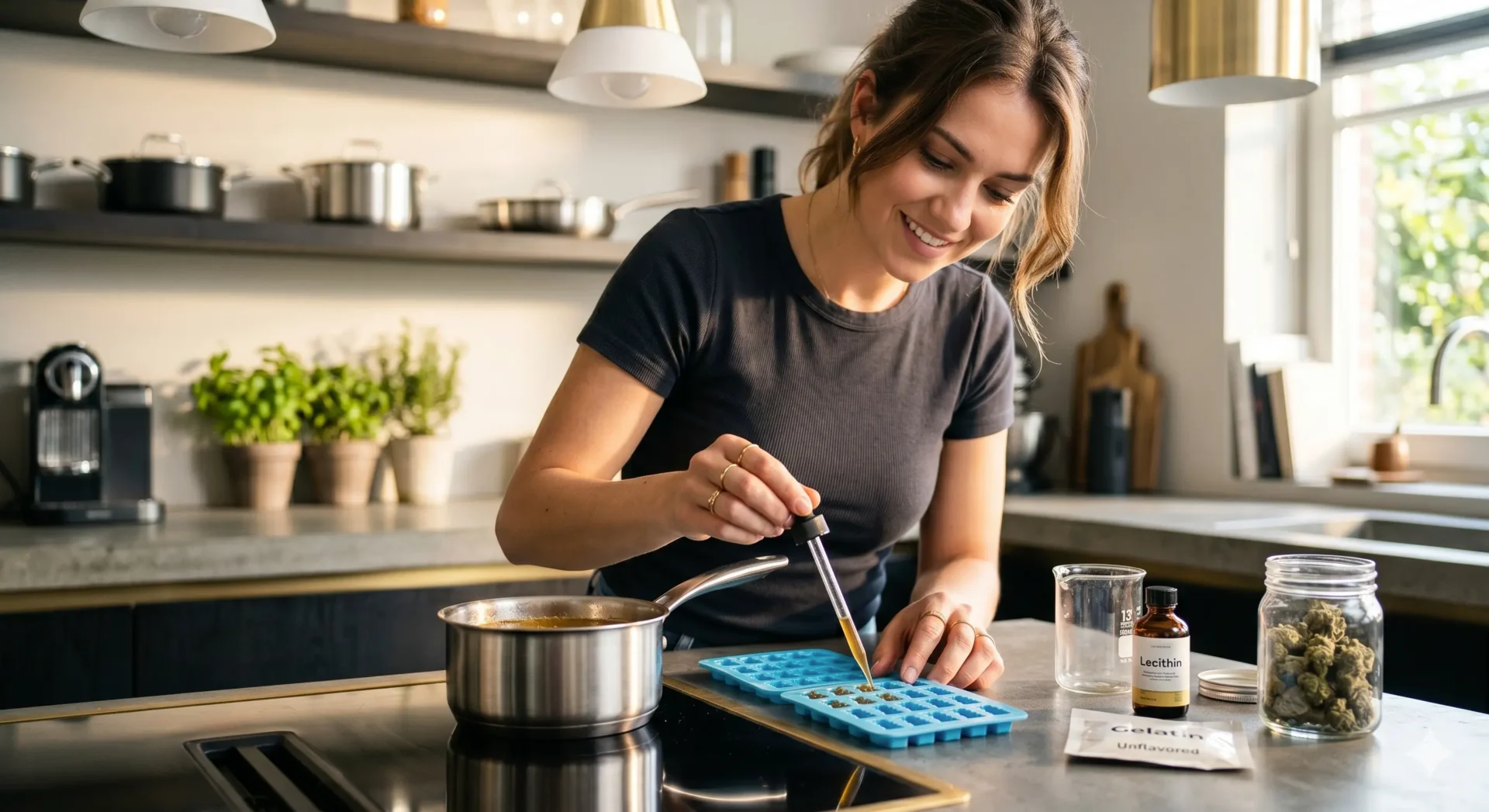 Handgemachte, neonfarbene Cannabis-Gummibärchen in Bärenform, die auf einer minimalistischen Glasplatte in einer hellen, modernen Küche liegen.