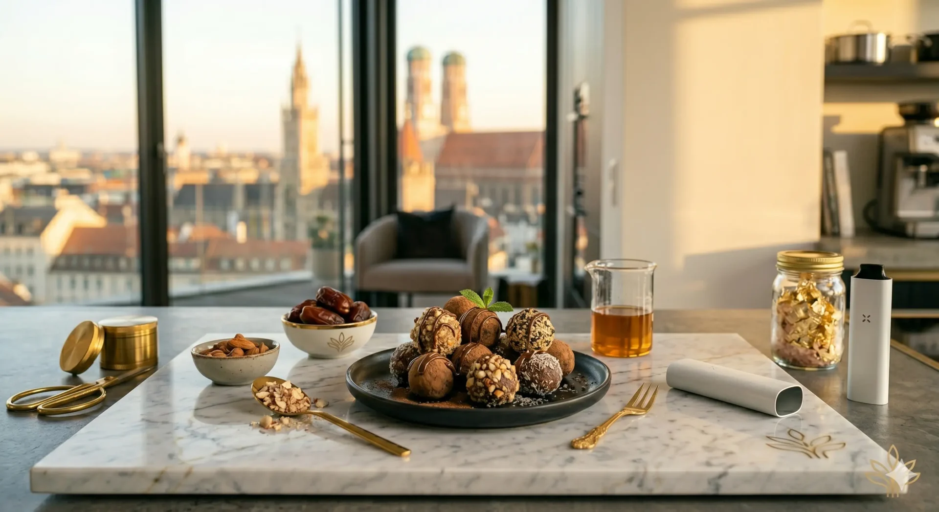 Gourmet No-Bake Cannabis Energy Balls auf einem weißen Marmorbrett in einer luxuriösen Münchner Penthouse-Küche bei Sonnenuntergang.