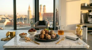 Gourmet No-Bake Cannabis Energy Balls auf einem weißen Marmorbrett in einer luxuriösen Münchner Penthouse-Küche bei Sonnenuntergang.