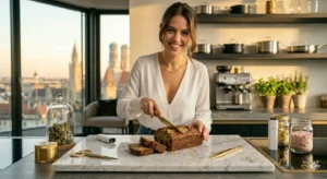 Eine attraktive Frau in einem weißen Shirt steht in einer lichtdurchfluteten modernen Küche und schneidet ein frisch gebackenes, saftiges Cannabis-Bananenbrot auf.