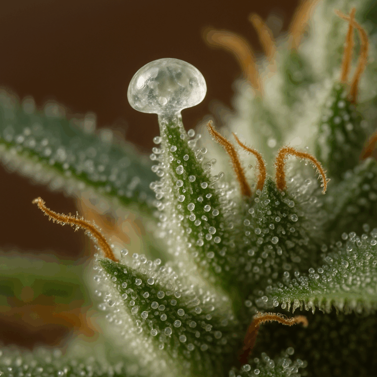 Nahaufnahme von reifen, milchigen und bernsteinfarbenen Cannabis Trichomen auf einer Blüte