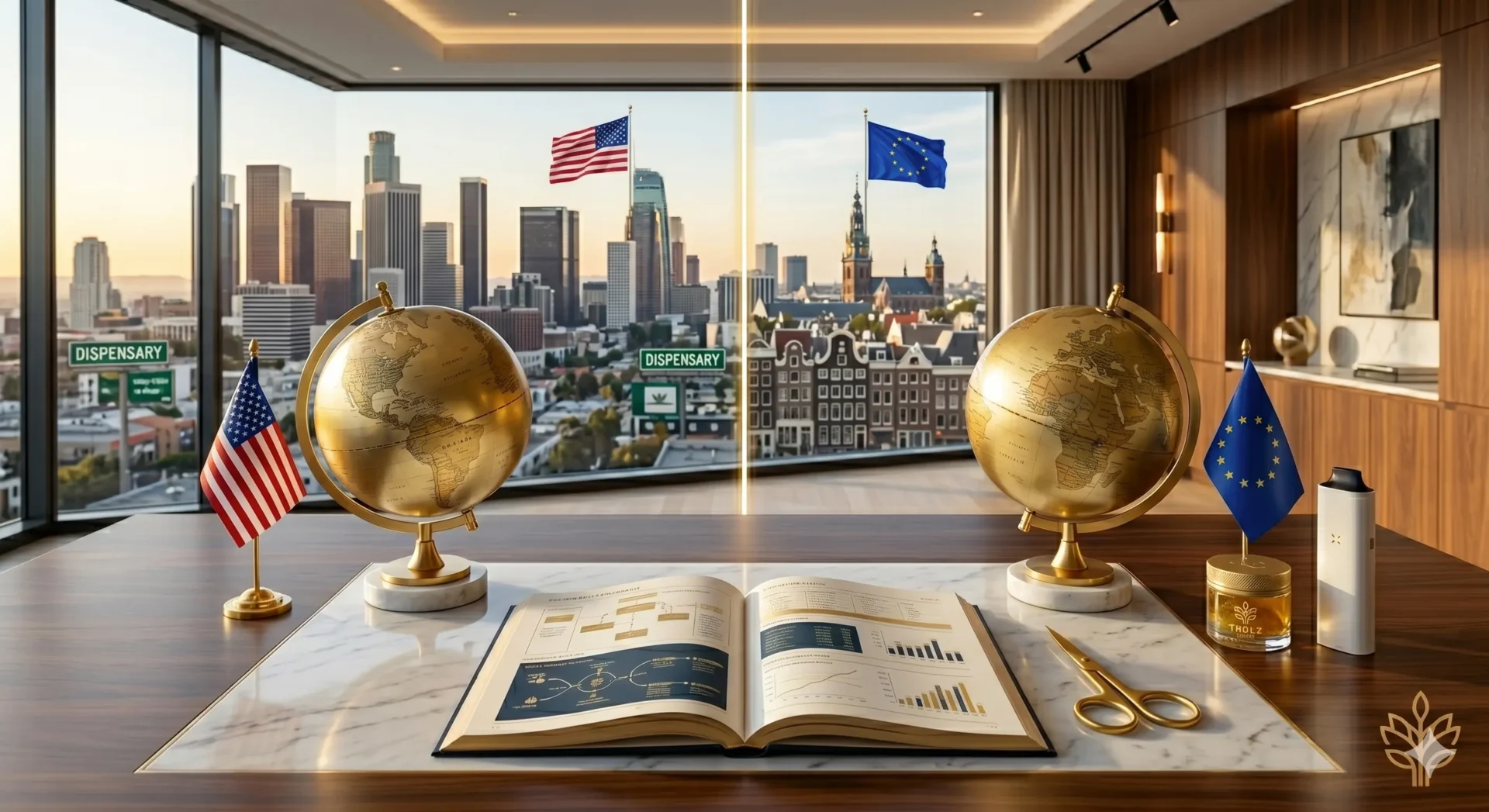 Ein eleganter Schreibtisch mit zwei Globen, einer Landkarte der USA und einer Karte von Europa, daneben liegt ein edler goldener Treez Club Grinder und ein hochwertiges Glas-Jar mit Blüten.