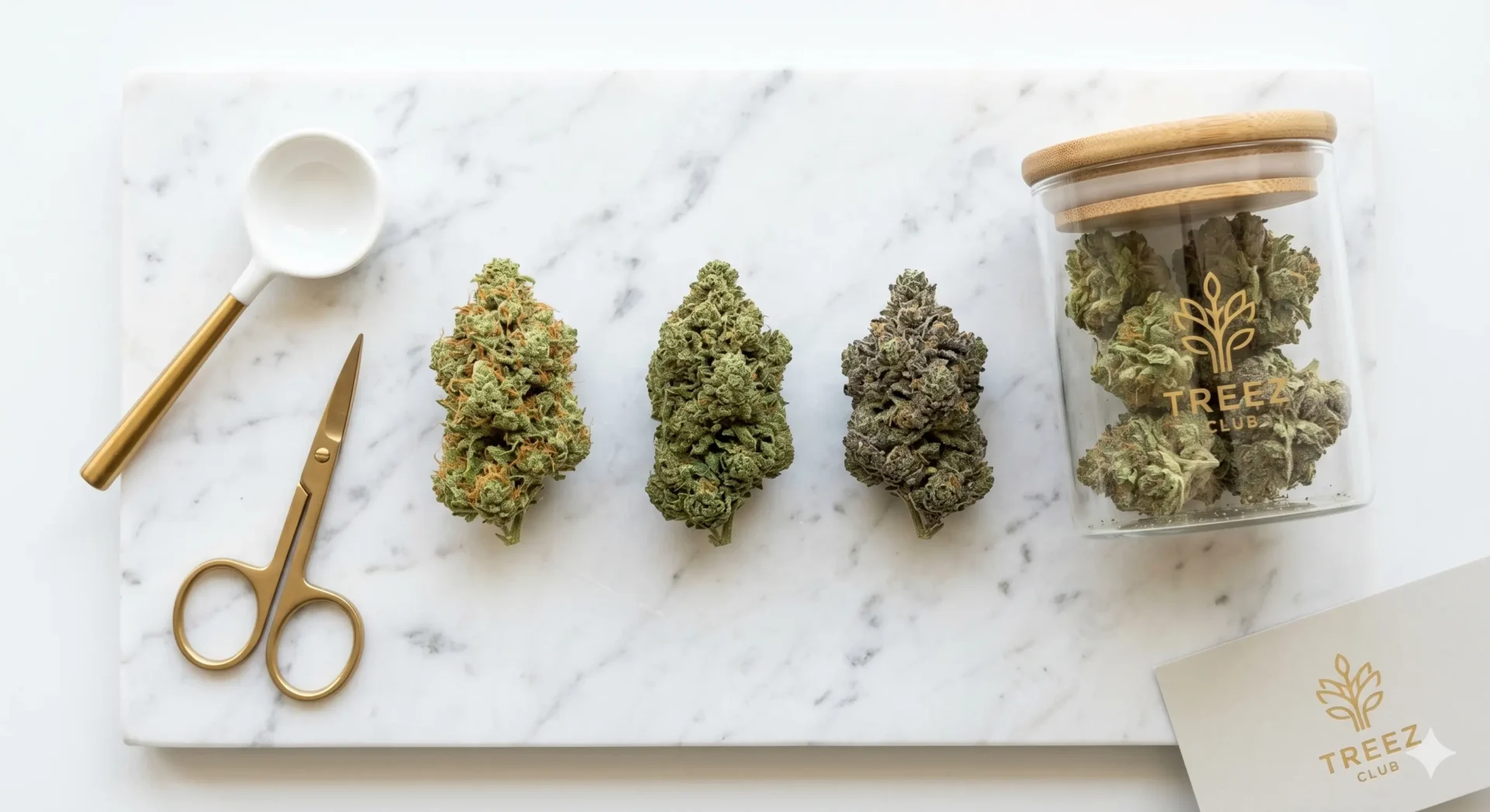 Drei verschiedene, perfekt getrimmte Hybrid-Cannabis-Blüten auf einer minimalistischen Marmorplatte, die die genetische Vielfalt repräsentieren.