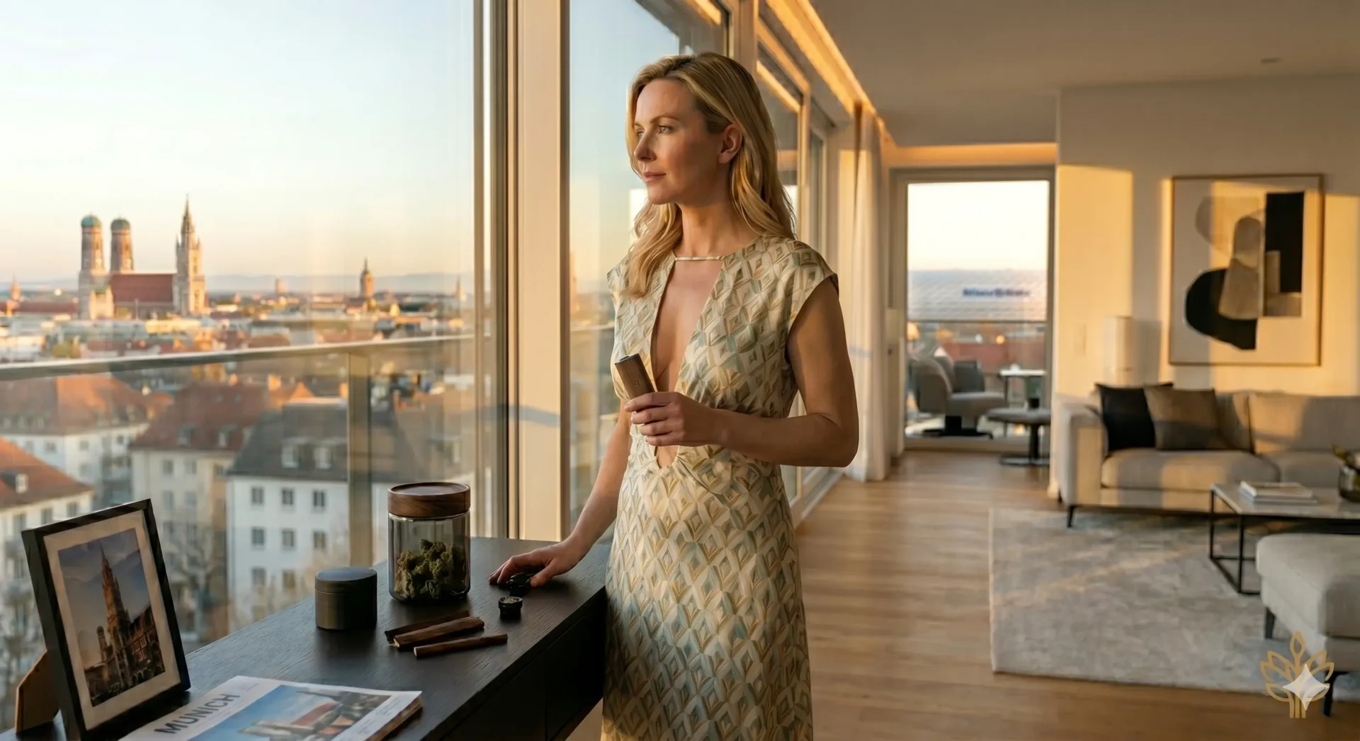 Ein moderner, elegante Frau in einem minimalistischen Loft, der reflektiert aus dem Fenster schaut. Auf einem Beistelltisch steht das goldene Treez Club Tray mit Zubehör.