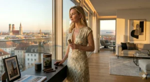 Ein moderner, elegante Frau in einem minimalistischen Loft, der reflektiert aus dem Fenster schaut. Auf einem Beistelltisch steht das goldene Treez Club Tray mit Zubehör.