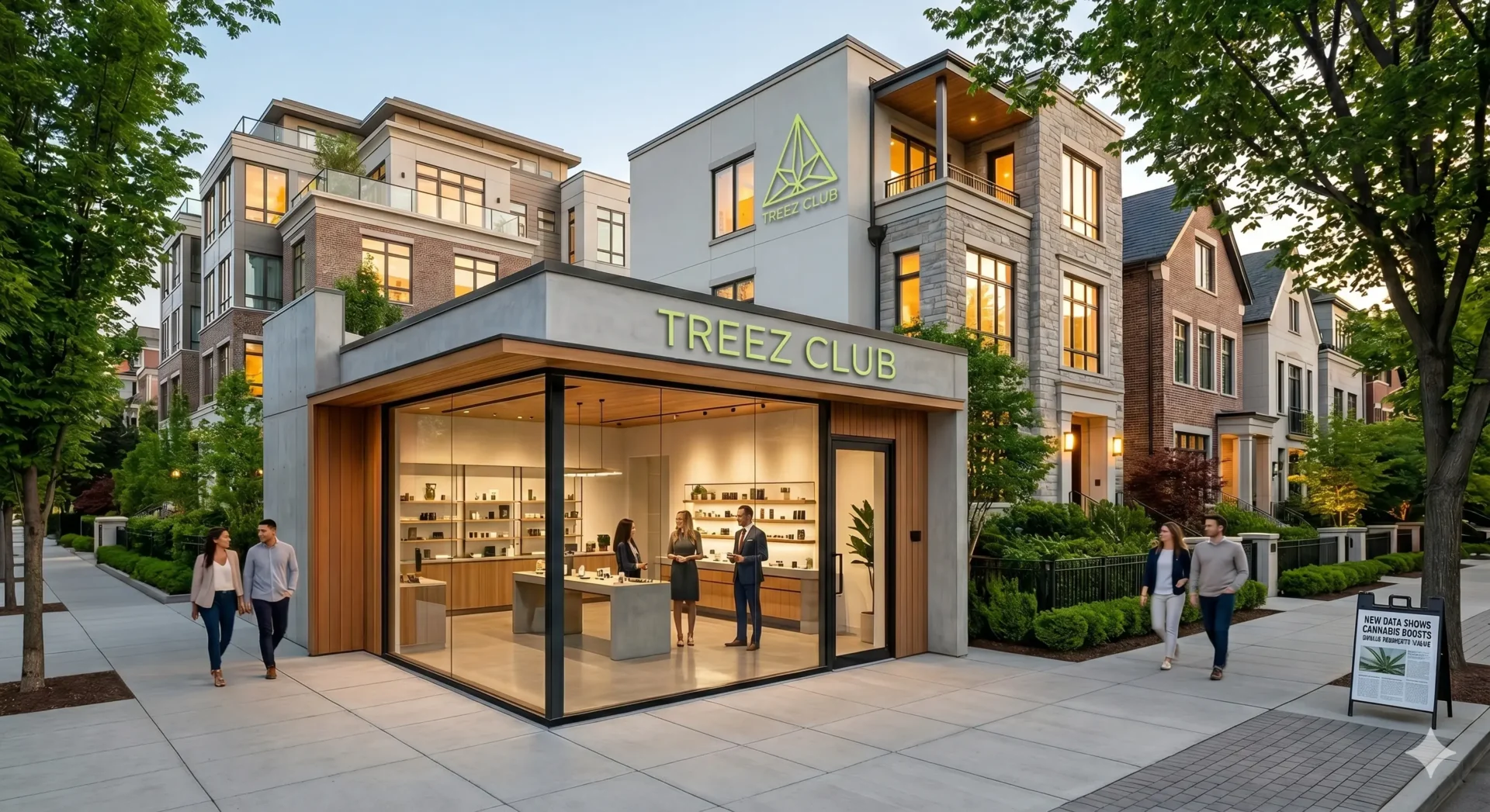 Eine moderne, minimalistische Cannabis-Dispensary mit Glasfront in einem gehobenen Stadtviertel, Architekturfokus.