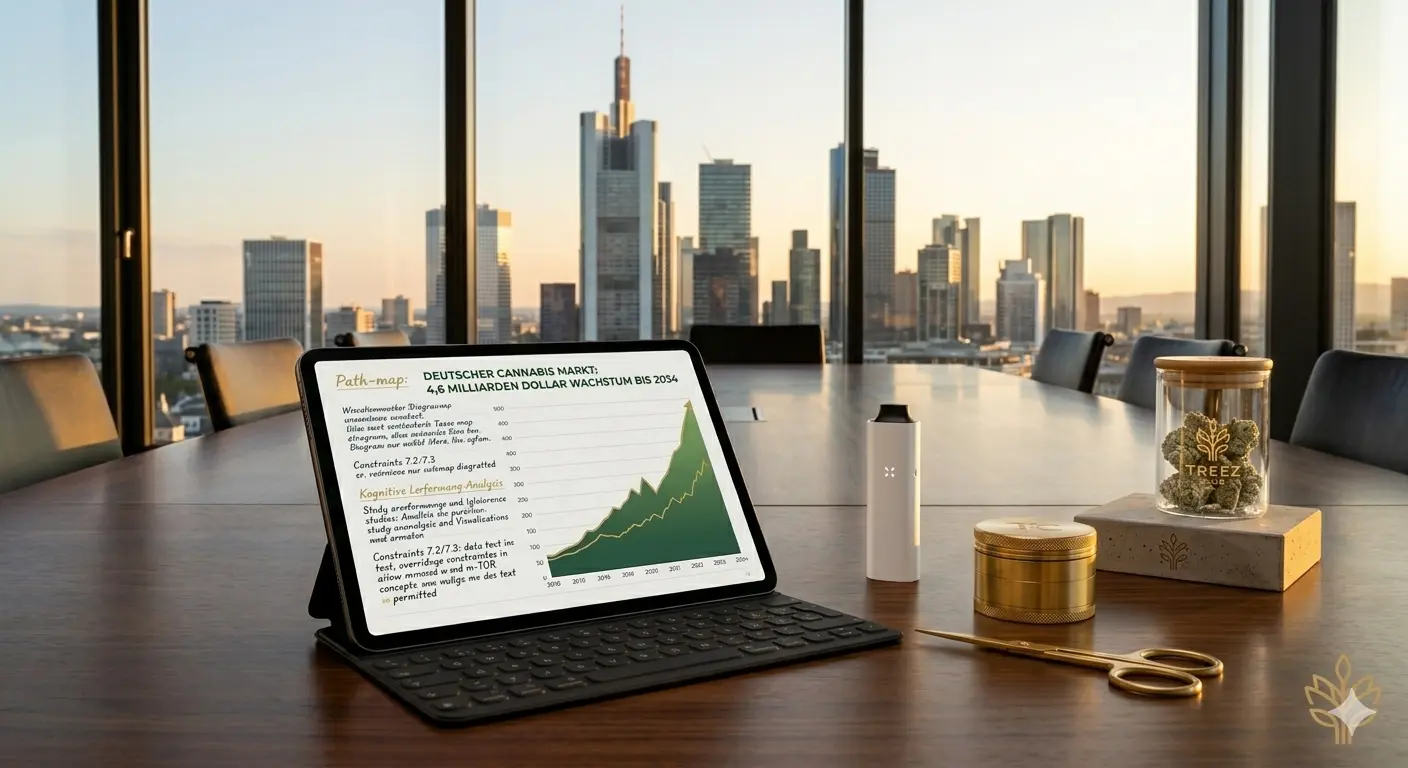 Eine futuristische Infografik über der Frankfurter Skyline bei Sonnenuntergang, die das Wachstum des deutschen Cannabis-Marktes symbolisiert.