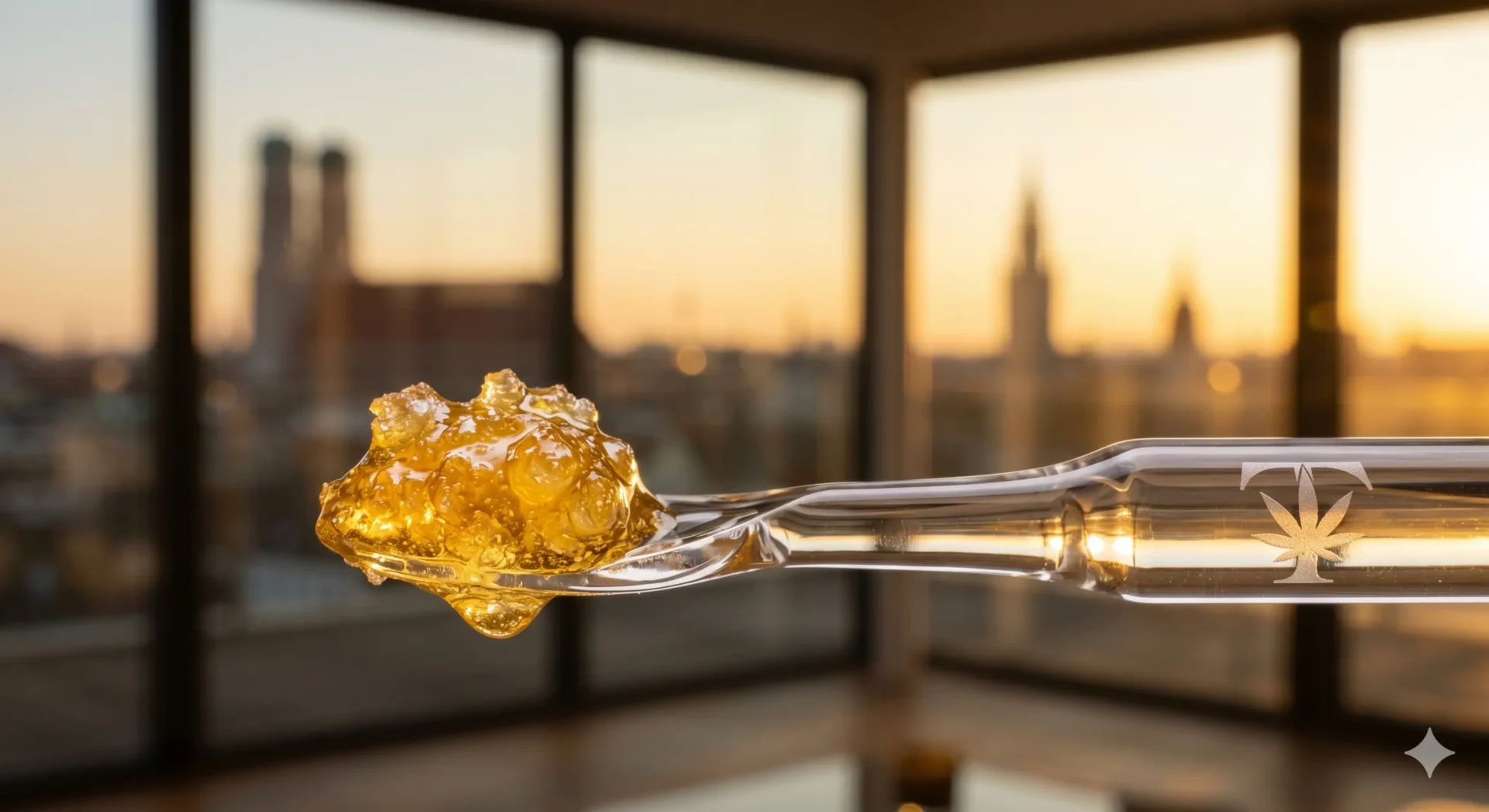 Goldfarbenes, kristallines Live Resin Konzentrat auf einem Glas-Dabbing-Tool, im Hintergrund ein elegantes Munich Penthouse Setting.