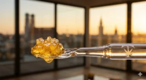 Goldfarbenes, kristallines Live Resin Konzentrat auf einem Glas-Dabbing-Tool, im Hintergrund ein elegantes Munich Penthouse Setting.