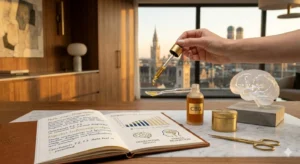 Eine wissenschaftliche Grafik kombiniert mit einer Cannabis-Pflanze, die die molekulare Struktur von CBG in einem luxuriösen Labor-Setting zeigt.