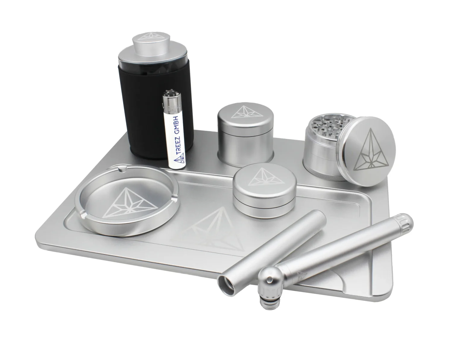 Ritual Box in Raw Silver mit Grinder, Tray und Stash-Dosen