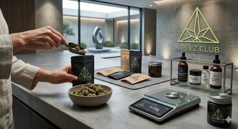 A stylized representation of a cannabis plant under a microscope in a modern, golden laboratory setting.