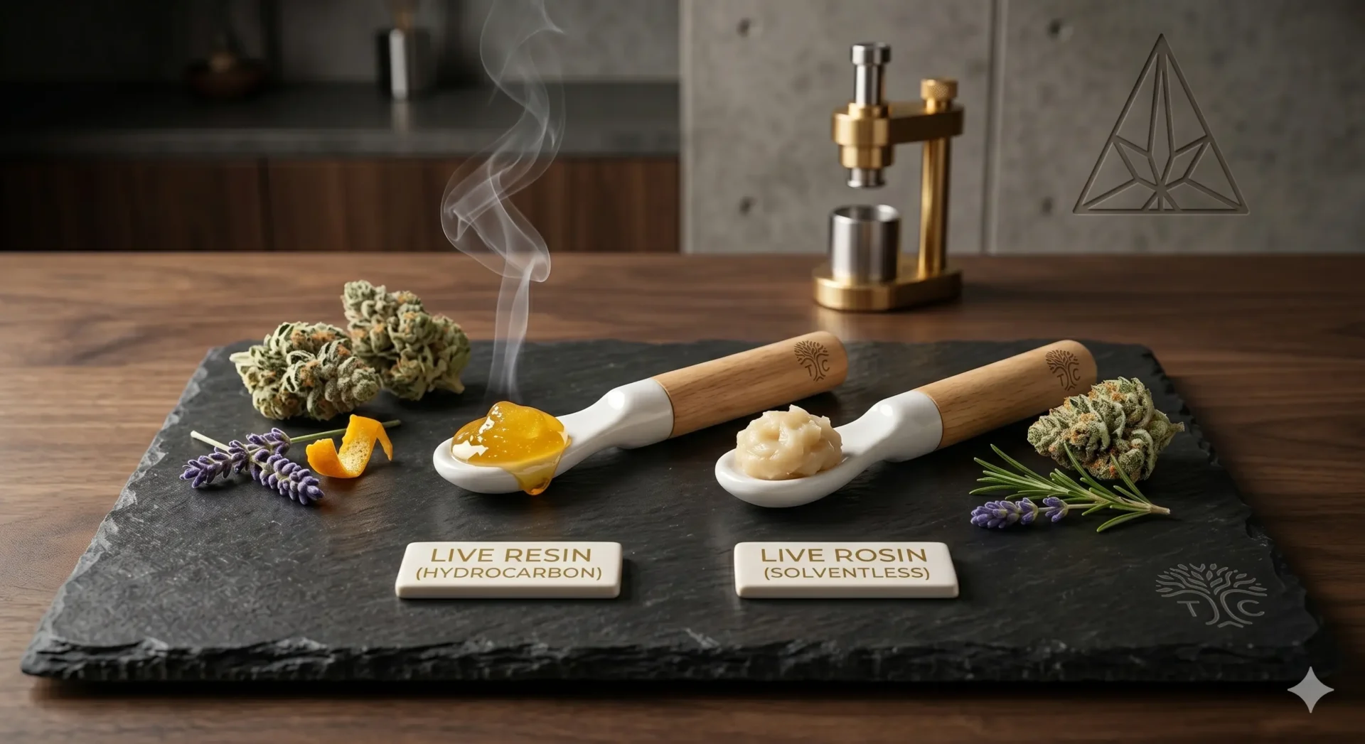 A close-up flat lay comparison on dark slate: two branded ceramic tools hold glistening golden live resin (solvent) and creamy matte live rosin (solventless), surrounded by fresh frozen buds and botanical terpene indicators.