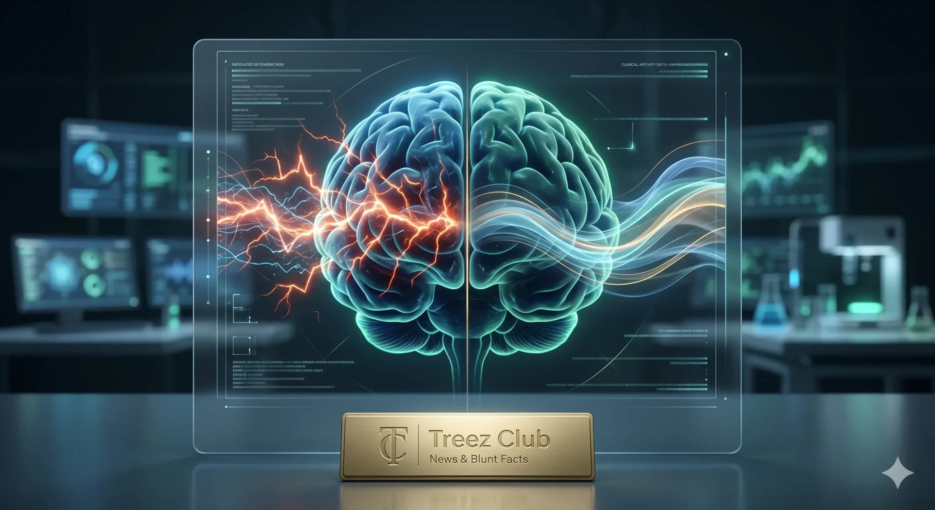 Wissenschaftliche Darstellung einer Gehirn-Synapse mit CBD-Molekülen in einem modernen Labor-Stil.