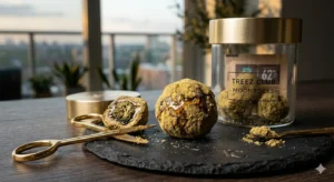 Ein extrem vergrößertes Makro-Foto eines Cannabis Moonrocks, der die Schichten aus klebrigem Öl und goldenem Kief zeigt.