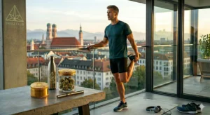 Ein athletisch gebauter Mann in moderner Sportkleidung beim Dehnen nach dem Laufen, im Hintergrund ein dezentes Treez Club Logo und hochwertiges Zubehör.