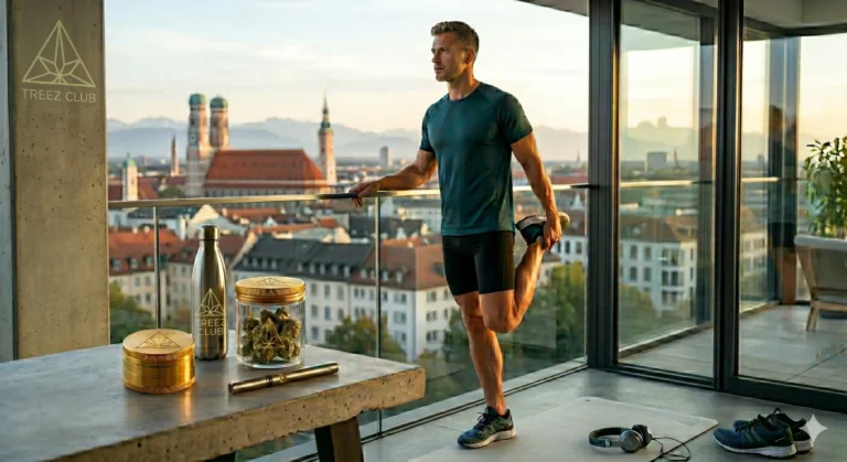 Ein athletisch gebauter Mann in moderner Sportkleidung beim Dehnen nach dem Laufen, im Hintergrund ein dezentes Treez Club Logo und hochwertiges Zubehör.