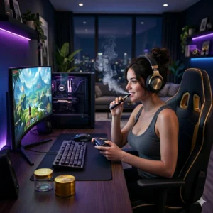 Ein modernes Gaming-Setup mit beleuchteter Tastatur, einem Controller und einem goldenen Treez Club Grinder auf einem dunklen Schreibtisch.