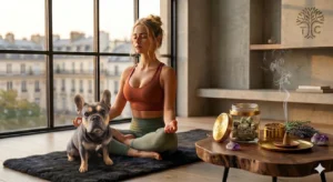 Eine Person in einer entspannten Yoga-Pose (Savasana oder Lotussitz) in einem modernen, lichtdurchfluteten Raum mit Treez Club Accessoires
