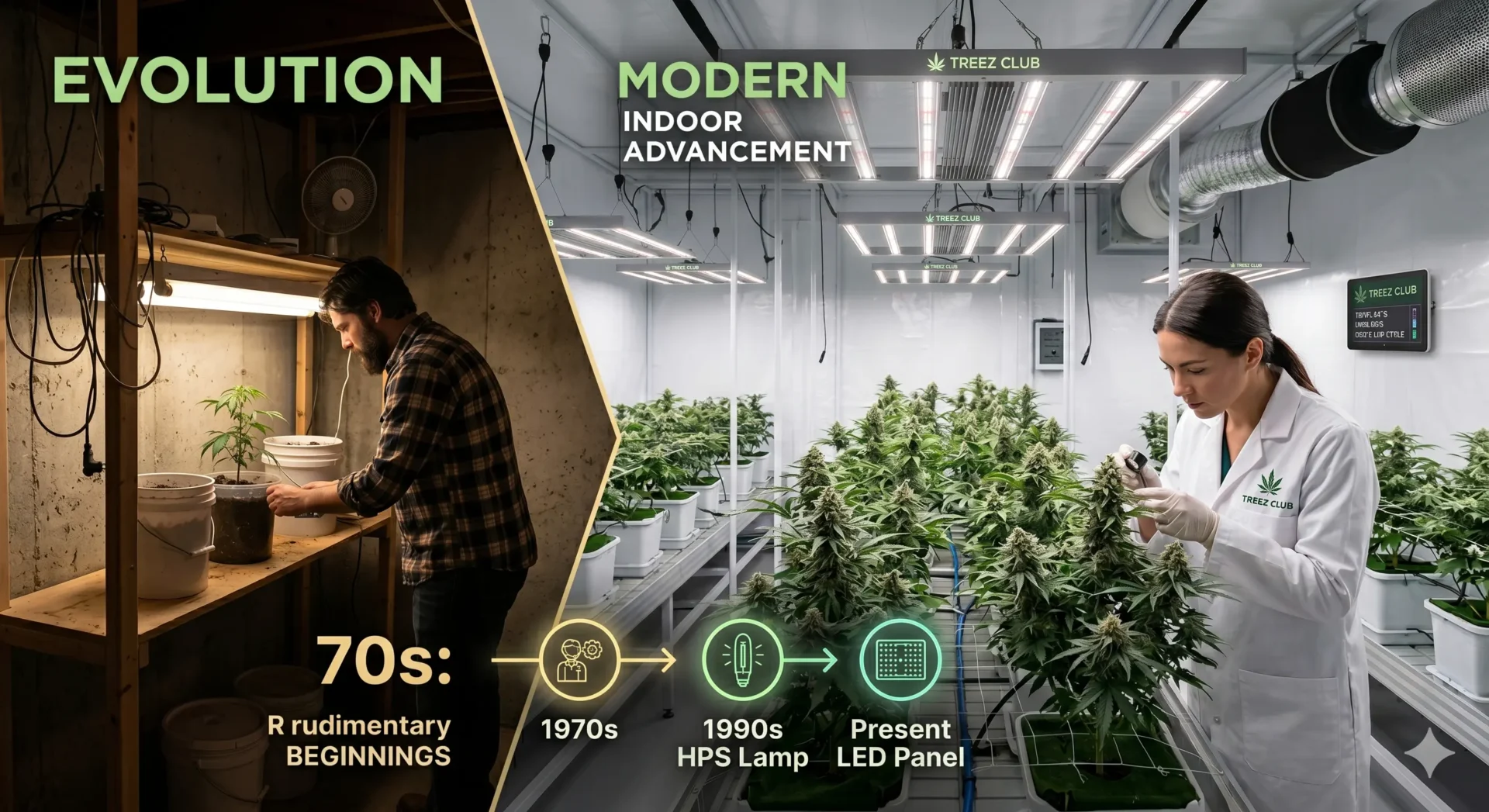 Moderner Indoor Cannabisanbau mit LED-Beleuchtung und professionellem Equipment.