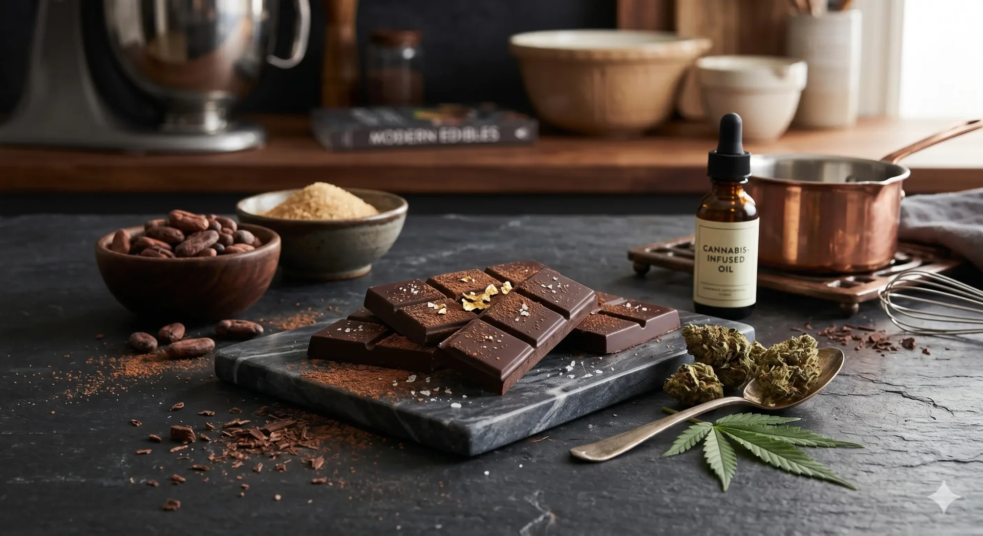 Hausgemachte Cannabis-Schokolade in Riegelform neben getrockneten Blüten.